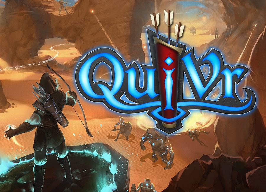 The QuiVr logo over an archer overlooking a desert canyon full of glowing enemies