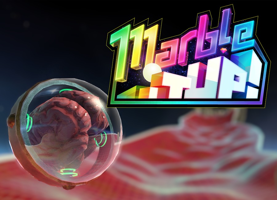 The rainbow Marble It Up! logo beside a glass marble rolling over a red track in space