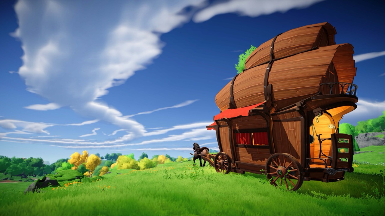 A wooden merchant caravan with a red awning, parked on a bright green hill under a blue sky
