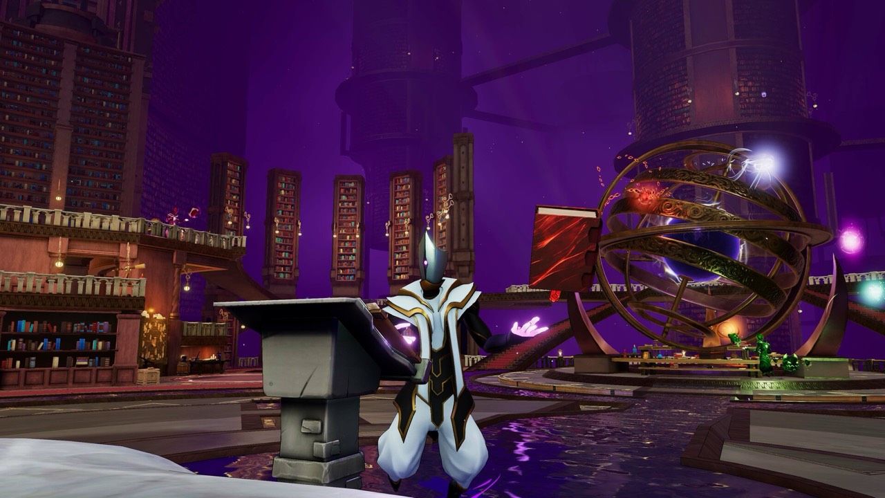 A white-robed spellcaster in Vellum’s violet library, towering bookshelves and a brass armillary sphere behind